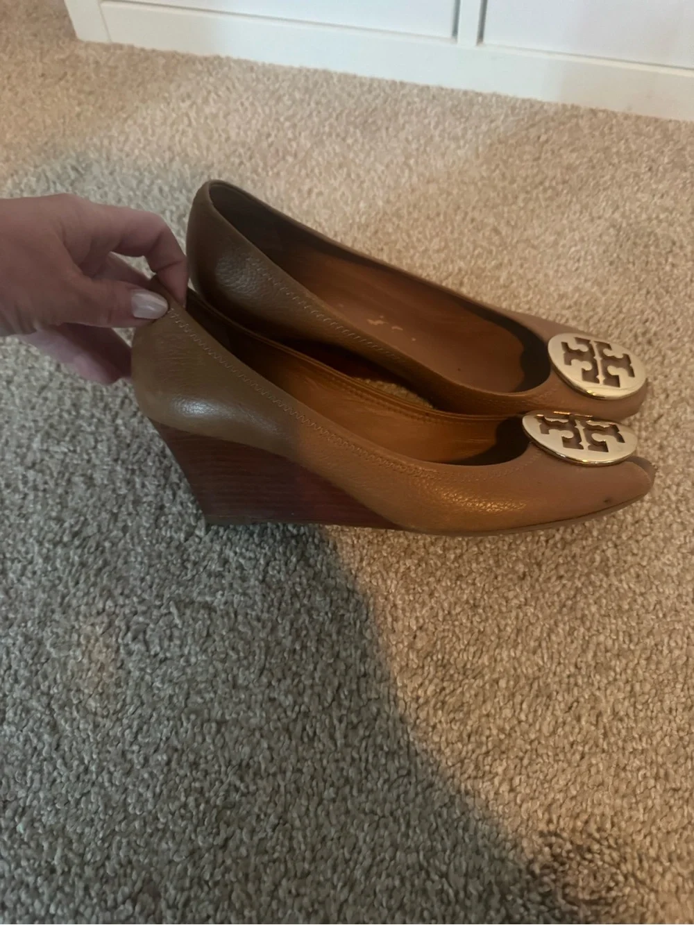Women’s size 9 Tory Burch Brown Leather Logo Peep toe wedges with Gold Medallion